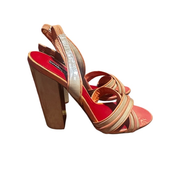 Charles Jourdan Paris nude peach leather slingback chunky block heel Size 5.5